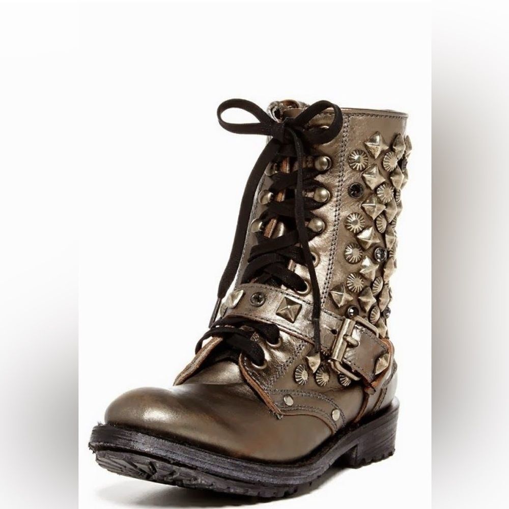 Ash Ryanna Studded embellished moto combat Boot gunmetal metallic 37.5/7.5